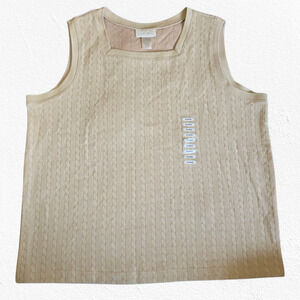 1990s Vintage Beige Cable Knit Sleeveless Top Square Neck Sweater Vest Size XL